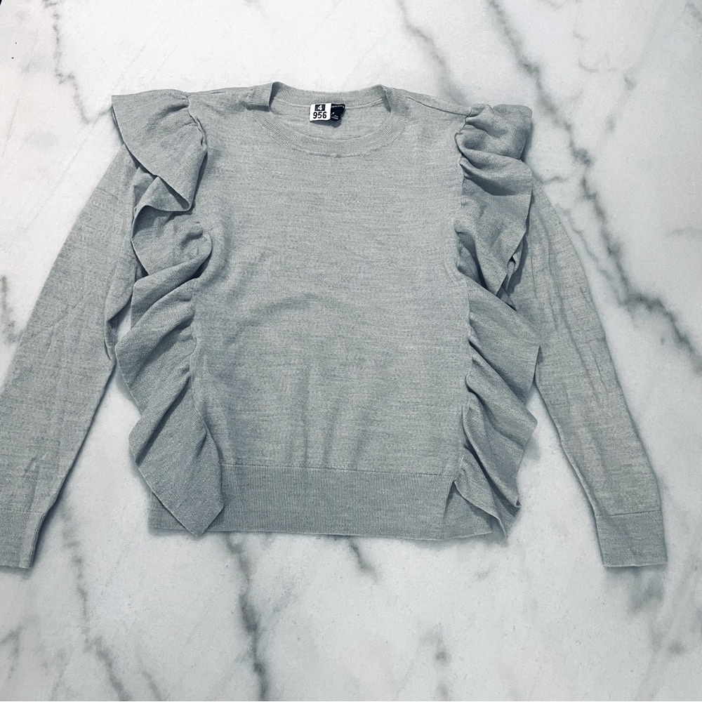 Club Monaco Grey Merino Wool Ruffle Sweater